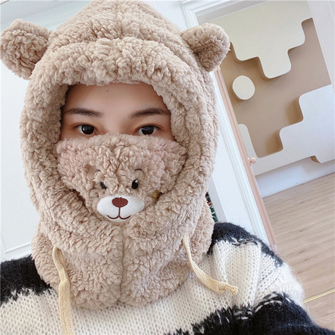 Japanese Cute Cartoon Bear Ear Cap Hat Lamb Plush Cap Warm Thickened Ear Protection with Warm Mask for Women Girl ► Photo 1/6