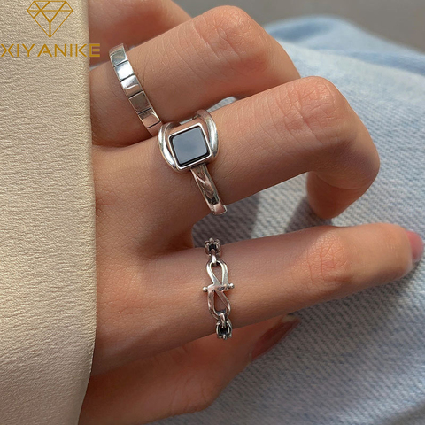 XIYANIKE 925 Sterling Silver Black Onyx Geometric Square Chain Ring Light Luxury Female Unique Design Fashion Exquisite Simple ► Photo 1/6