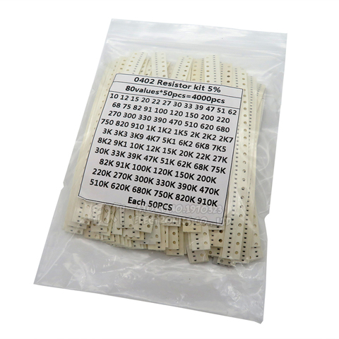 4000PCS 0402 SMD Resistor Kit Assorted Kit 10ohm-1M ohm 5% 80valuesX 50PCS=4000PCS Sample Kit ► Photo 1/1