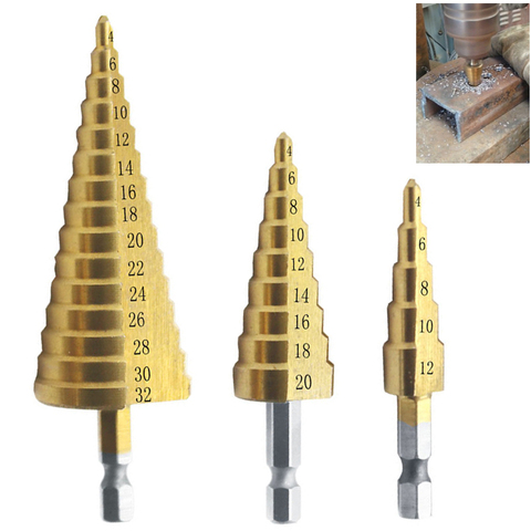 3pcs HSS Titanium Coated Step Drill Bit 4-12 4-20 4-32 Drilling Power Tools  Metal High Speed Steel Wood Hole Cutter Cone Drill ► Photo 1/6