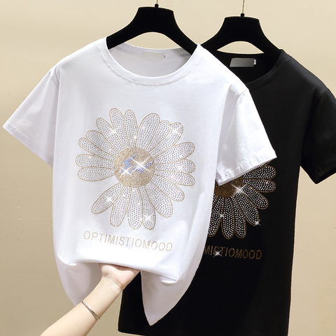 New Fashion Ins Hot Rhinestone Loose T-shirt Women 2022 Summer Small Daisy Short Sleeve Sun Flower Cotton Tshirt Top ► Photo 1/6