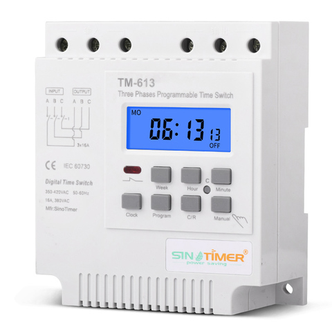 TM613 380V 16A Three Phases Digital 7 Days Programmable Relay Timer Switch Exhaust Water Pump Motor Intelligent Time Controller ► Photo 1/6