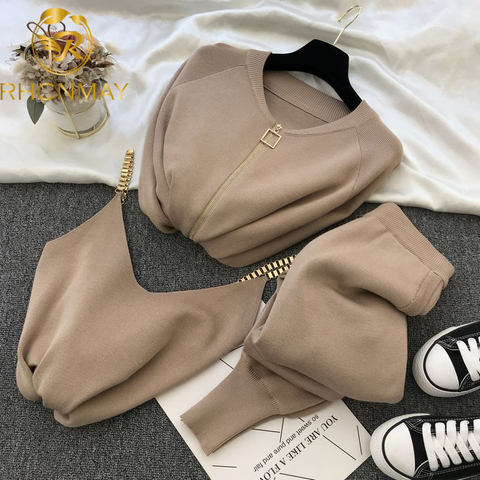 Women Zipper Knitted Cardigans Sweaters + Pants Sets + Vest Woman Fashion Jumpers Trousers 2 PCS Costumes Outfit ► Photo 1/6