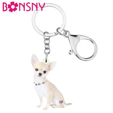 Bonsny Acrylic Cute Chihuahua Dog Keychains Keyring Pet Animal Key Chain Jewelry For Women Kids Teens Funny Gift Bag Accessories ► Photo 1/6