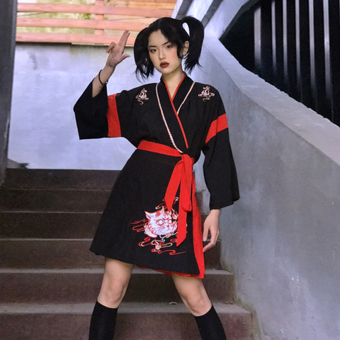 Japanese Kimono Dress Woman Black White Cat Embroidery Sweet Girl Vintage Asian Clothing Yukata Haori Cosplay Party 2pieces Set ► Photo 1/6