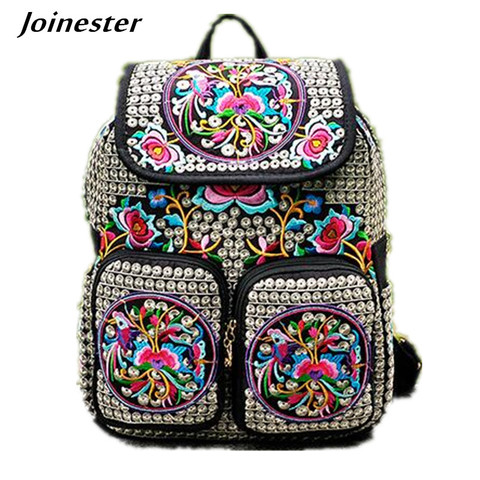 Floral Embroidered Casual Canvas Women Backpacks Girls Ethnic Schoolbags Ladies Vintage Rucksack Multi Pockets Flap Travel Bags ► Photo 1/6