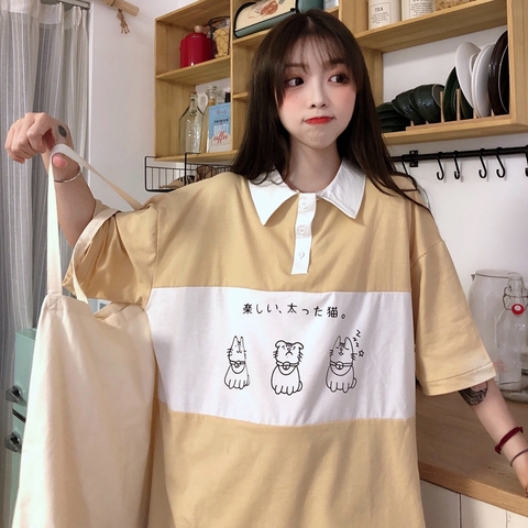 2022 Women's T-shirts Tops Japanese Kawaii Ulzzang Lazy College Cat Print Loose T-shirt Female Korean Harajuku Clothes For Women ► Photo 1/5