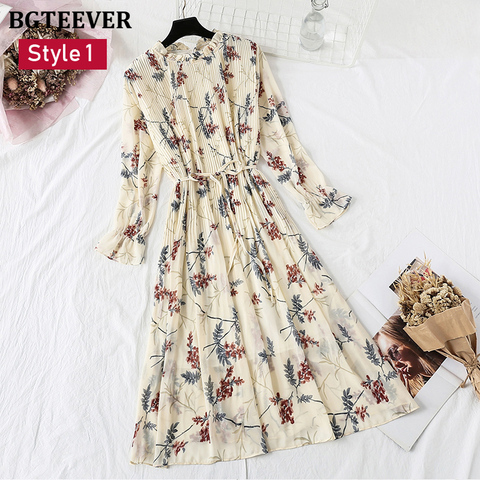 BGTEEVER Spring Stand Collar Floral Print Women Dress Lace Up Female Pleated Dress Summer Party Midi Chiffon Vestidos femme 2022 ► Photo 1/6