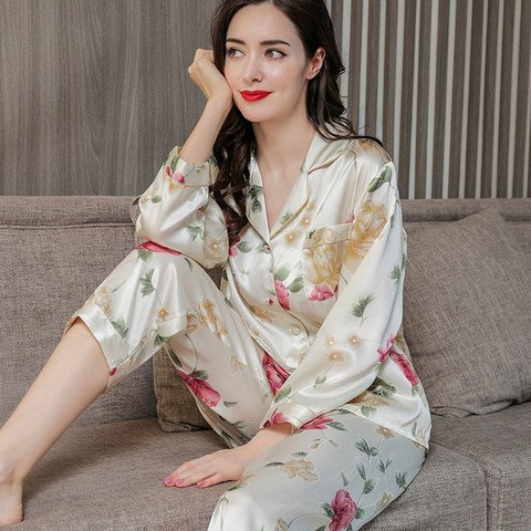 100% Pure Silk Women's Printed Pajama Set Sleepwear Nightgown M L XL 2XL XM008 ► Photo 1/6