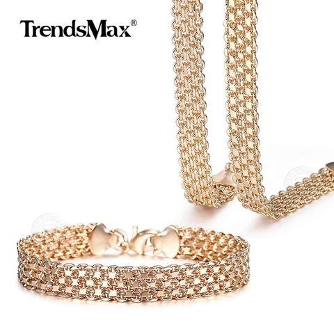 Big Set 10mm 12mm 585 Rose Gold Double Weaving Rolo Cable Curb Link Chain Necklace Bracelet Jewelry Set Women Fashion Gift CSM0 ► Photo 1/6