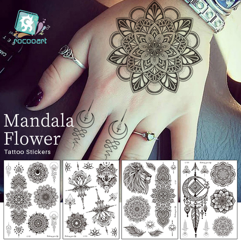 Rocooart Black Henna Arm Tattoo Mandala Flower Temporary Tattoos For Women Female Girls Sticker Fake Tattoo Mehndi Custom Tatoos ► Photo 1/6