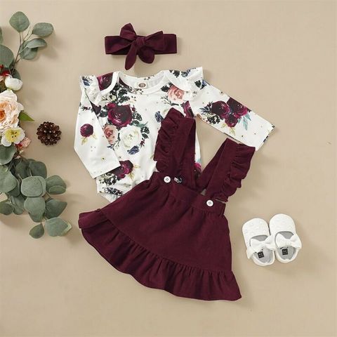 Newborn Baby Girl Clothes Set Floral Bodysuit Romper Jumpsuit Tops T Shirt Suspender Skirts Bow Headband Outfit ► Photo 1/6