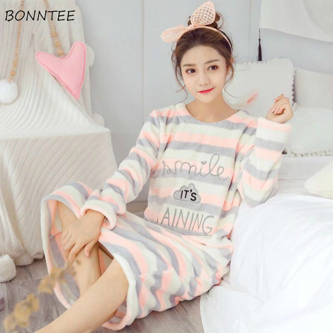 Nightgowns Women Coral Velvet Printed Korean Style Leisure Daily Womens Student Loose Kawaii Elegant New Soft Comfortable Warm ► Photo 1/6