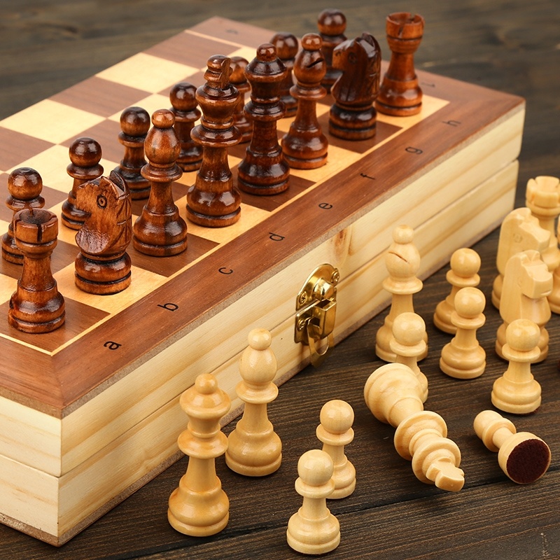 15 Wooden Chess Game Set Large Board Wood Folding Storage Box Hand Carved Piece 