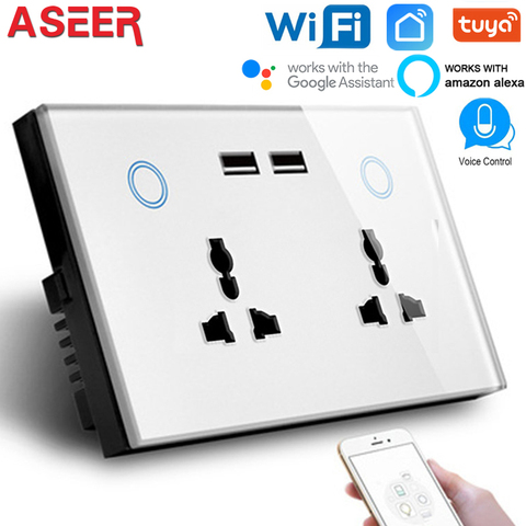 ASEER UK usb socket with,Touch Glass Panel universal WIFI wall socket with Timer function ,compatible alexa,google assistant ► Photo 1/5