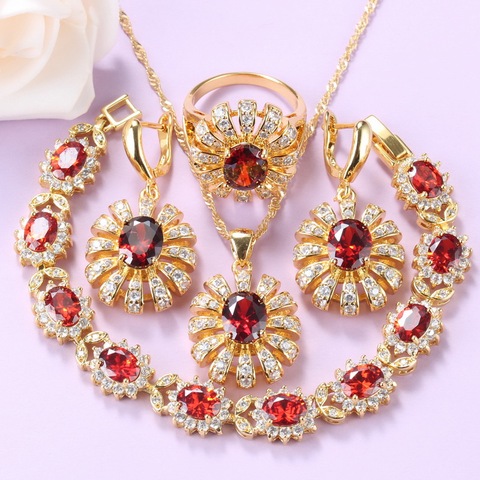 Classic Indian Red Jewelry Sets Gold-Color Bridal Wedding Accessories Necklace And Earrings Bracelet Ring Sets 7-Colors  Jewelry ► Photo 1/6