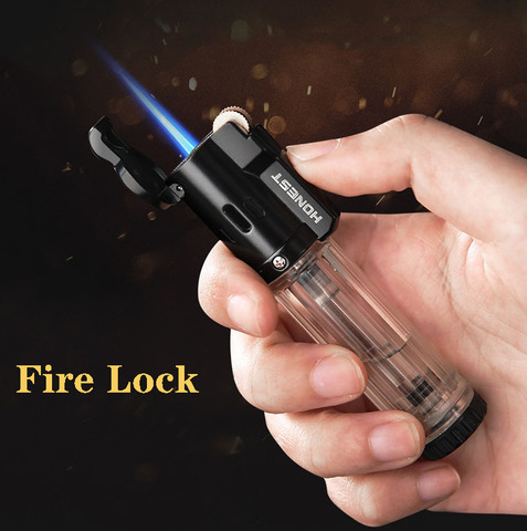 Honest gas lighter transparent visible gas tank fire LOCK set windproof blue jet flame grinding wheel outside tool cigar lighter ► Photo 1/6