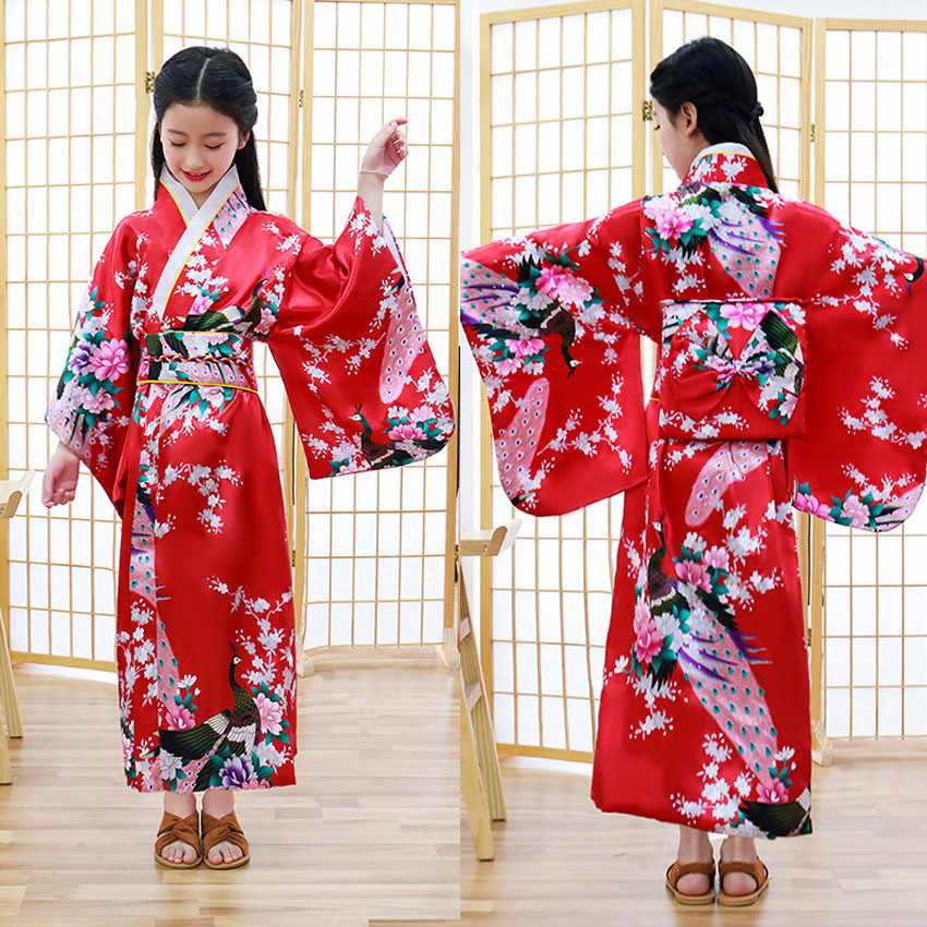 Buy Online Kids Girls Novelty National Japan Kimono Traditional Yukata Dress Satin Silk Luxury Oriental Bath Robe With Obi Performance Alitools