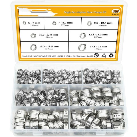 128pcs 304 Stainless Steel Single Ear Stepless Hose Clamps Clamp Assortment Kit Crimp Pinch Rings for Securing Pipe Hoses ► Photo 1/5