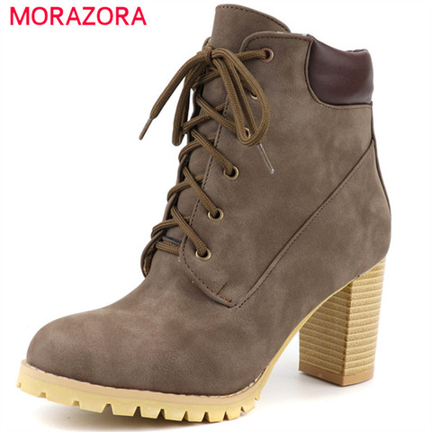 MORAZORA 2022 big size 48 women ankle boots round toe lace up winter boots high heels platform shoes ladies office shoes ► Photo 1/6