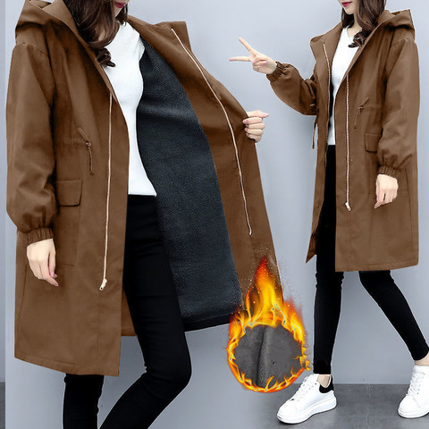 Trench Coats Women Autumn Winter Hooded Drawstring Pocket Zipper Long Outwear Plus Size Elegant Ladies Thicken Windbreaker Coats ► Photo 1/6