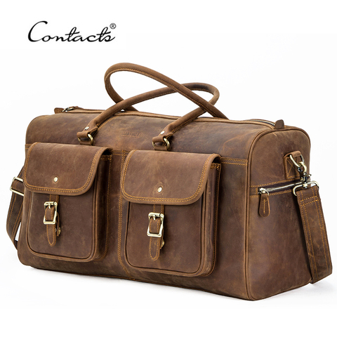 CONTACT'S Crazy Horse Leather Men Travel Bags Cow Leather Shoulder Bag Male Hand Luggage Bag Large Capacity Outdoor Travel Totes ► Photo 1/6