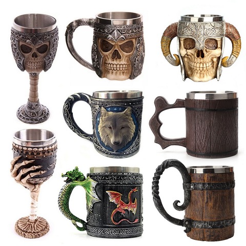 Retro Horn Skull Resin Beer Mug  Stainless Steel Skull Knight Tankard Halloween Coffee Cup Viking Tea Mug Pub Bar Decoration ► Photo 1/6