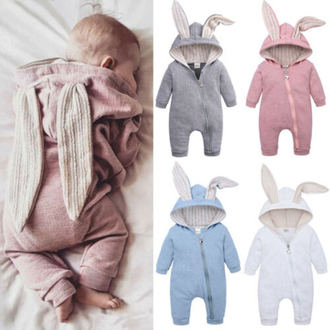 Pudcoco Fast Shipping 0-24M Toddler Baby Boys Girls Rabbit Ears Romper Long Sleeve 4 Colors Solid Hooded Jumpsuit Autumn Clothes ► Photo 1/6