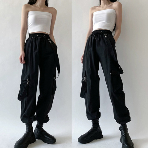 Women Fashion Harajuku Cargo Pants Black Detachable Strap Trousers Female Elastic Waist Streetwear Pants Plus Zise Casual Pants ► Photo 1/6