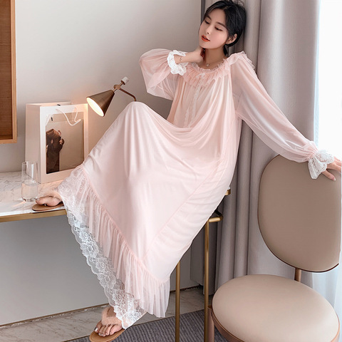 Sleepshirts Fashion Nightgown Ladies Lingerie Womens Sexy Sleepwear Long Sleeve Nightdress Nightwear Lace Palace style dress ► Photo 1/6