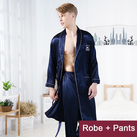 Chinese Traditional Sleep Robes Men Embroid Silk Satin Sleepwear Summer  Bathrobe