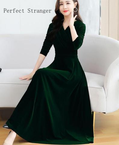 2022 Autumn Winter New Arrival Hot Sale  Thicken V Collar Solid Color Women Long Velvet Dress Plus Size  M-3XL ► Photo 1/6