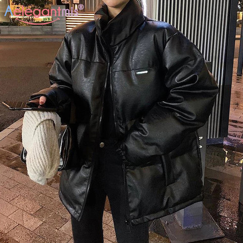 Aelegantmis Faux Leather Jacket Women Puffer Parka Black Bright Color Thick Korea Winter Fall Pu Oversized Coat Female Outerwear ► Photo 1/6