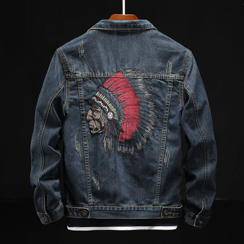 Prowow 2022 Fashion Streetwear Men Jacket Retro Blue Indian Chief Embroidery Denim Jackets Men Size M-6XL Hip Hop Punk Coats ► Photo 1/5