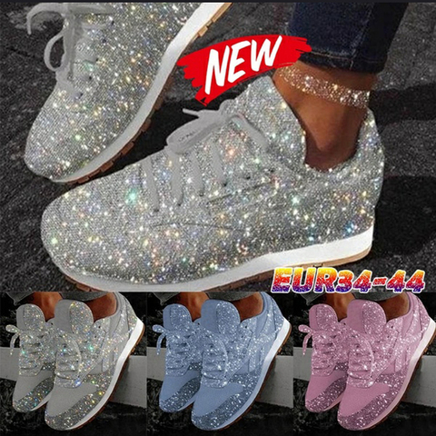 Women Flat Glitter Sneakers Casual Female Mesh Lace Up Bling Platform Comfortable Plus Size Vulcanized Shoes 2022 Soft Knitting ► Photo 1/6