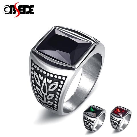 Vintage Men Ring Titanium Stainless Steel Red Black Green Square