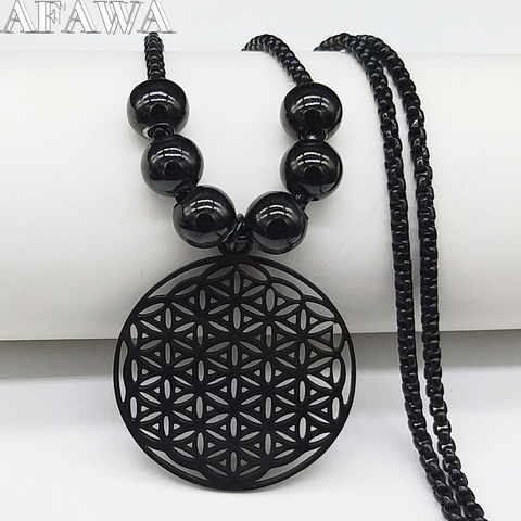 2022 Flower of Life Stainless Steel Necklaces for Women Long Black Color Bead Statement Necklace Jewerly cadena hombre N429S03 ► Photo 1/6