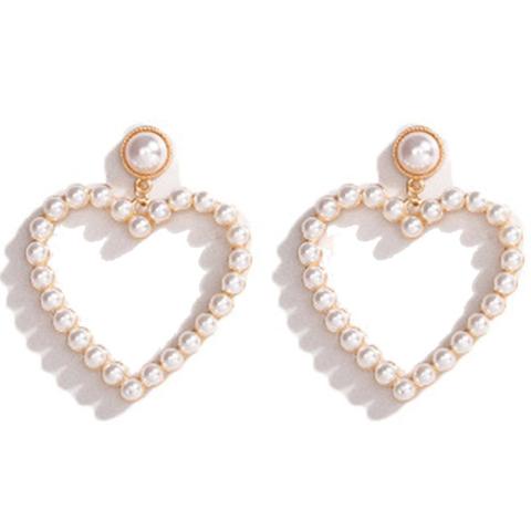 Pearl Heart Hoop Dangle Earrings Imitation Pearl Love Heart Earrings Circle Beaded Loop Drop Earrings for Women Girls Elegant Je ► Photo 1/4