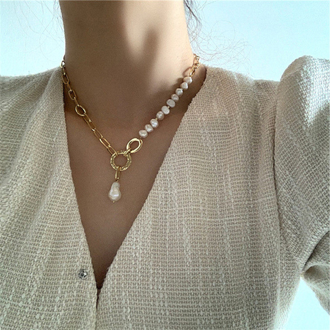 Peri'sBox Irregular Natural Freshwater Pearl Pendant Necklaces for Women Chunky Chain Circles Baroque Pearl Necklaces Elegant ► Photo 1/6