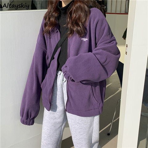 Jackets Women Loose Plus Velvet Zip-up Pockets Letter Casual Oversize BF Ulzzang Harajuku Daily Streetwear Womens Trendy New Hot ► Photo 1/6