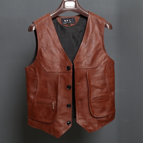 BONJEAN New Arrival Leather Motorcycle Vest Mens Slim Fit Real Brown Cow Genuine Leather Waistcoat Bikers Vest Size L-8XL ► Photo 1/1