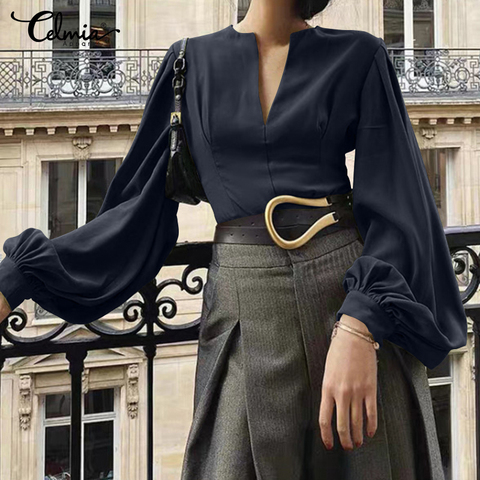 Women Elegant Office Lady Shirts Celmia 2022 Fashion Lantern Sleeve Sheath Blouses Spring Sexy V-neck Solid Color Pleated Tops ► Photo 1/6