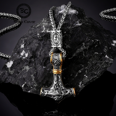 Norse Vikings Thor's Hammer Mjolnir Scandinavian Rune Amulet Necklace Stainless Steel Chain Vegvisir Anchor Pendant Male Jewelry ► Photo 1/6