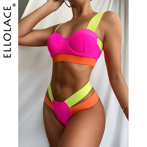 Ellolace Women's Swimsuits Sexy Swimwear Patchwork Bikini 2022 Woman Push up Biquini Neon Bikinis Swimsuit Bathing Suits 2022 ► Photo 1/6