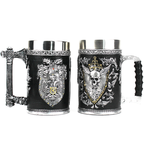 Winged Sword And Shield Skull Crest Beer mug Double Headed Eagle Crest Axe Handle Tankard Stainless Steel Tumbler Beer Cup ► Photo 1/6