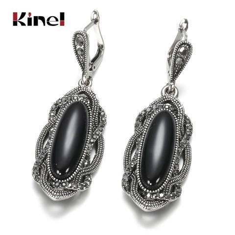 Kinel Top Quality Bohemian Black Stone Earring Tibetan Silver Mosaic AAA Gray Crystal Big Oval Earring For Women Vintage Jewelry ► Photo 1/6