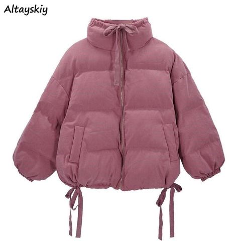 Parkas Women Chic Bows Sweet Pink Turtle Neck Thicker Female Winter Jacket Ulzzang Lace-up Oversize All-match Elegant Lady Coats ► Photo 1/6