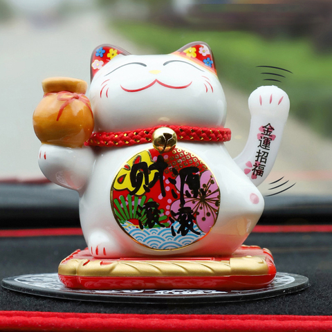 Ceramic Lucky Cat Solar Powered Maneki Neko Waving Arm Beckoning Fortune Welcoming Cat with Car Mat Desktop Decor Charm Gift ► Photo 1/6