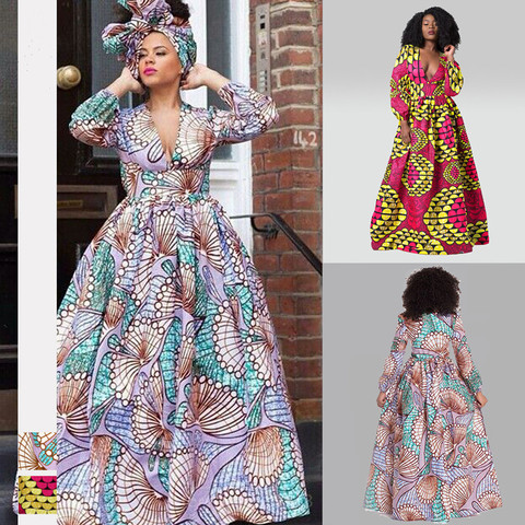 African Danshiki Women National Big Swing Dress Digital Printing Long Sleeve High Waist Was Thin Mid-length Dress for female ► Photo 1/6