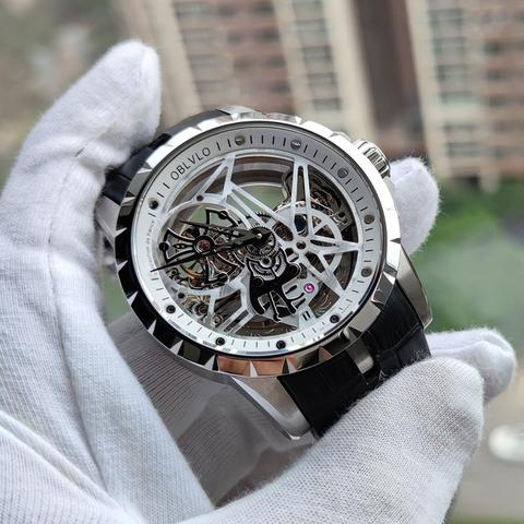OBLVLO Luxury Open Work Design Mens Watches Skeleton Dial Calfskin Strap Watch Automatic Movement Waterproof Montre Homme RM-1 ► Photo 1/6